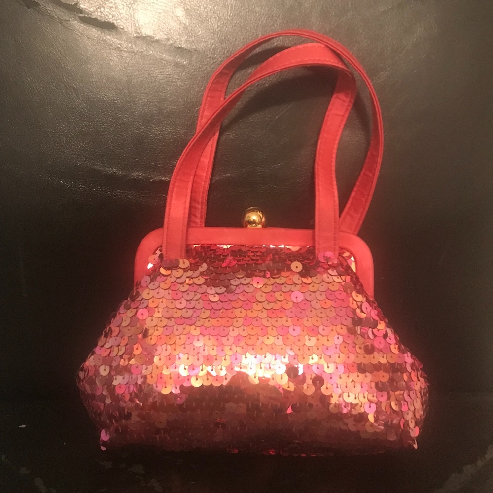 pink sequin and satin evening bag